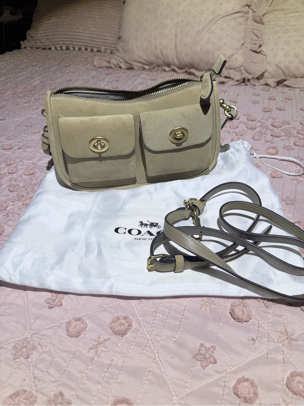 Coach Waverly Twin Turnlock Beige Suede Double-Pocket Crossbody Bag NO CHAIN